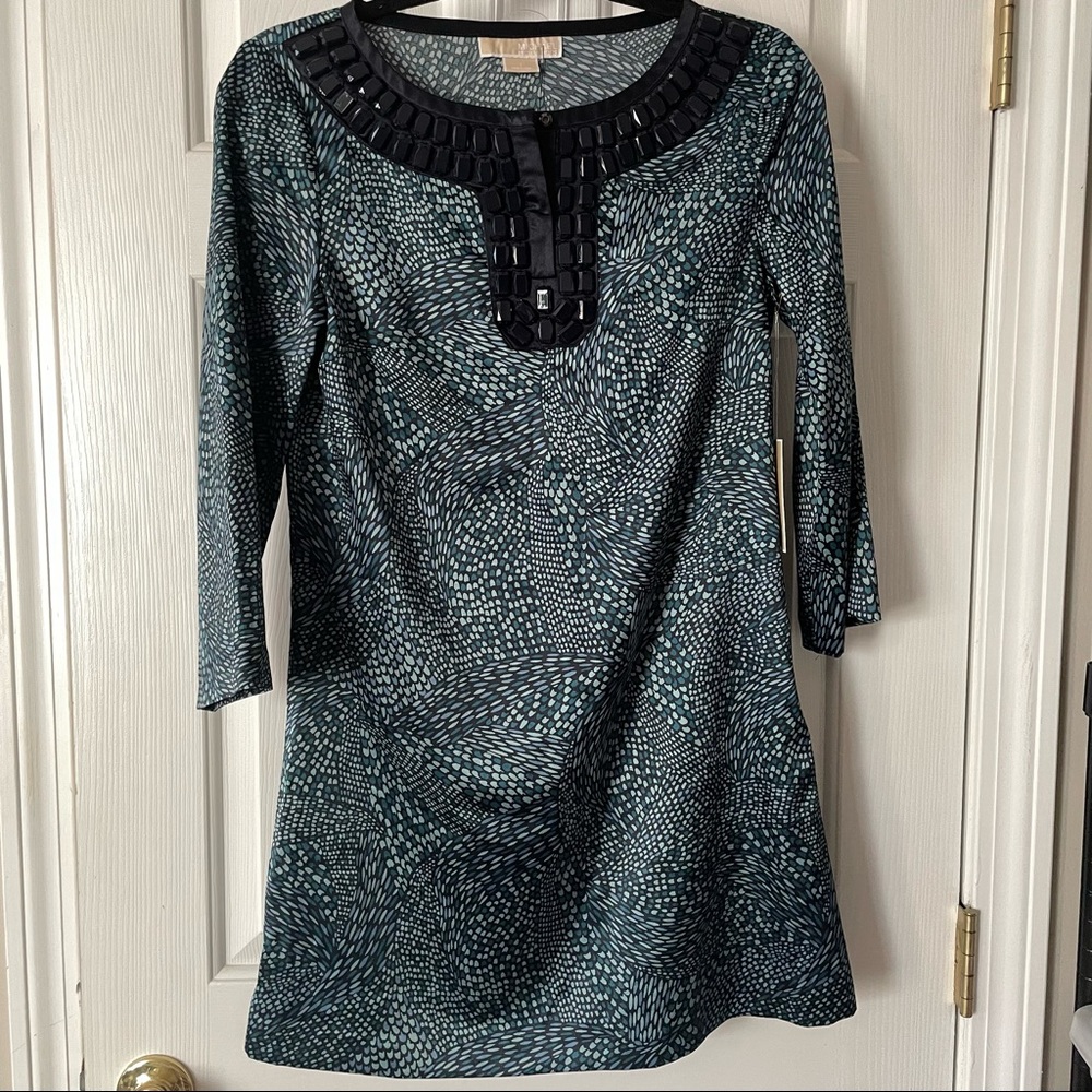 Michael Kors size 2 blue print dress with black rhinestone neck